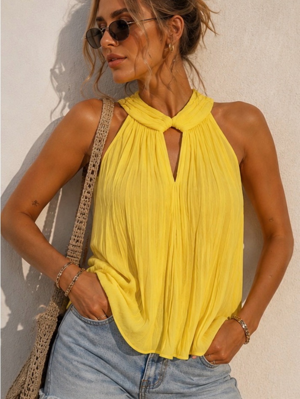 White House Black Market Bright Yellow Pleated Halter Tank